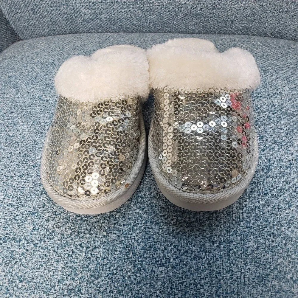 Kids Silver Sequin‎ Slippers Fuzzy Cozy House Shoes Sparkly Girls